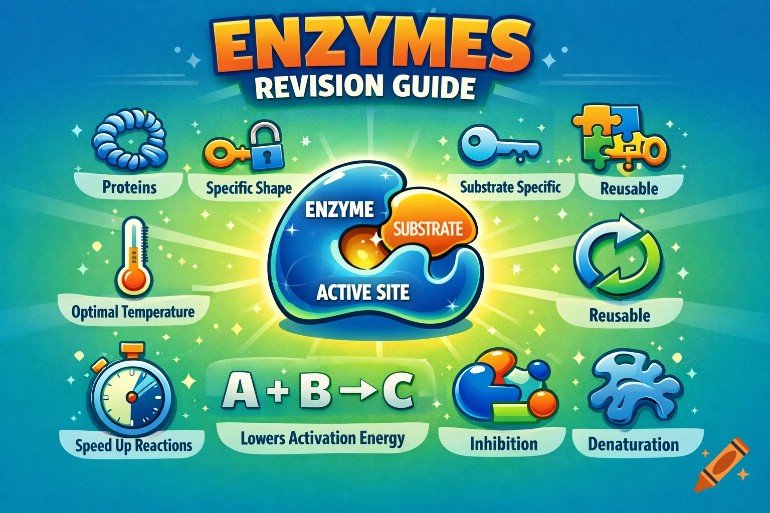 A colorful educational revision guide infographic about enzymes, illustrating their properties with icons and text like 'ENZYMES', 'SUBSTRATE', 'ACTIVE SITE', 'Proteins', and 'Reusable'. It features a large central enzyme-substrate complex.