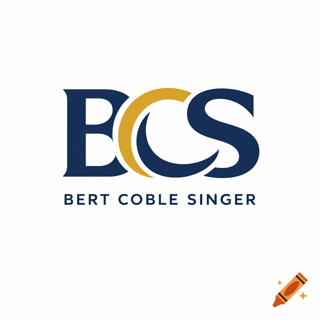 Dark blue and gold 'BCS' monogram logo with 'BERT COBLE SINGER' text below, vector style.