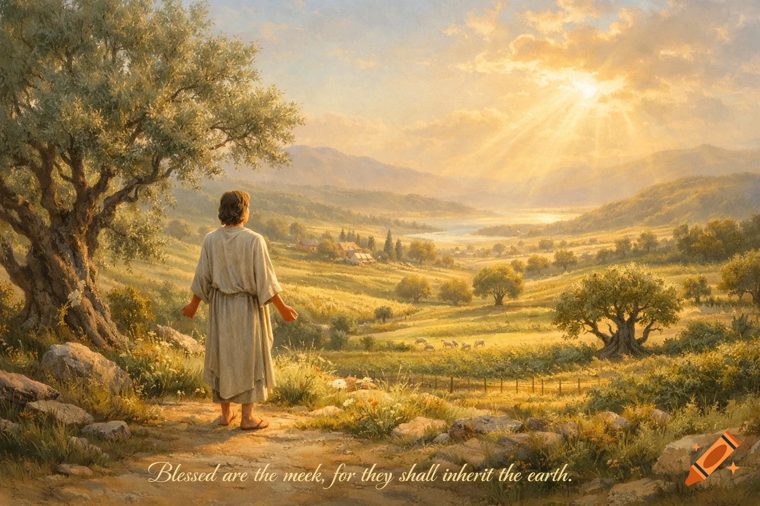 Painting of a robed figure, facing away, overlooking a sunlit valley with olive trees and fields. Text: 'Blessed are the meek, for they shall inherit the earth.'