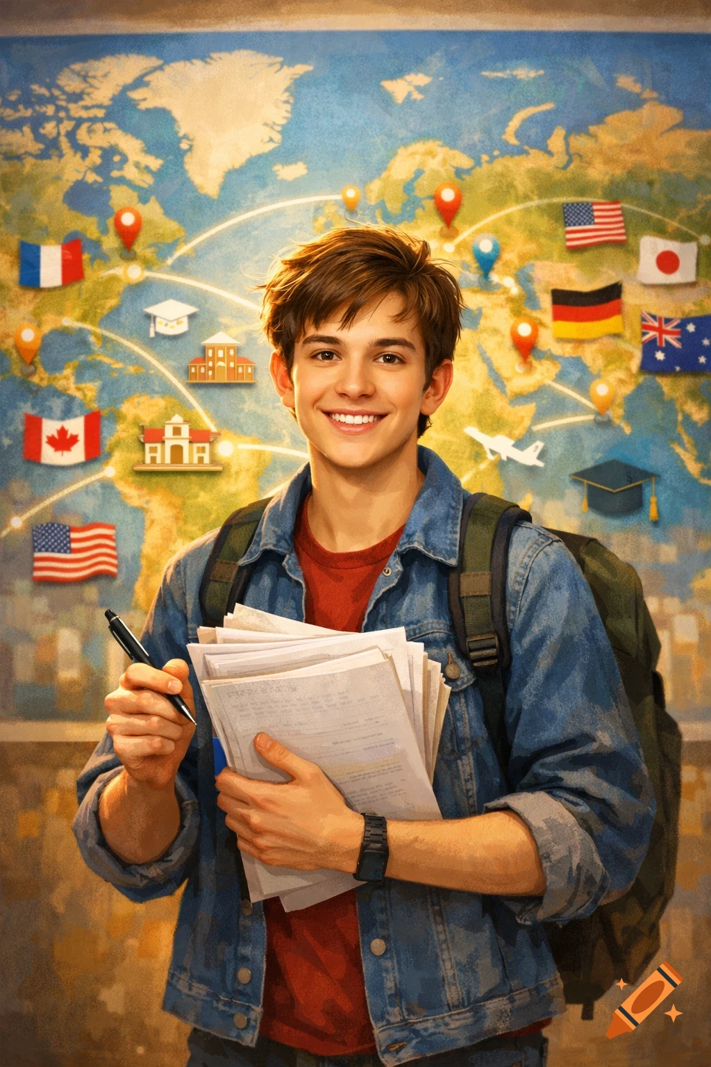 A smiling male student with a backpack holds papers and a pen in front of a world map with flags and education icons, illustrating international study.