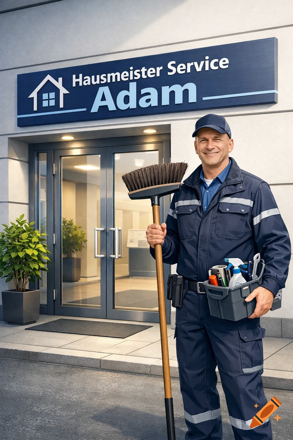 A smiling maintenance man in a blue uniform stands in front of a building with a 'Hausmeister Service Adam' sign, holding a broom and a toolbox.