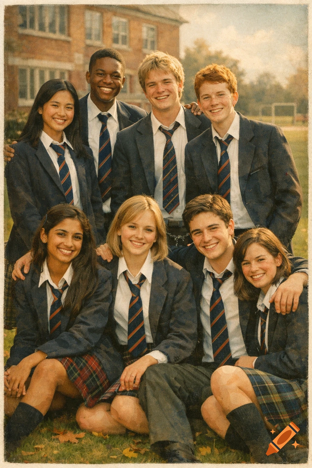 A diverse group of smiling high school students in uniforms poses for a vintage-style yearbook photo outdoors.