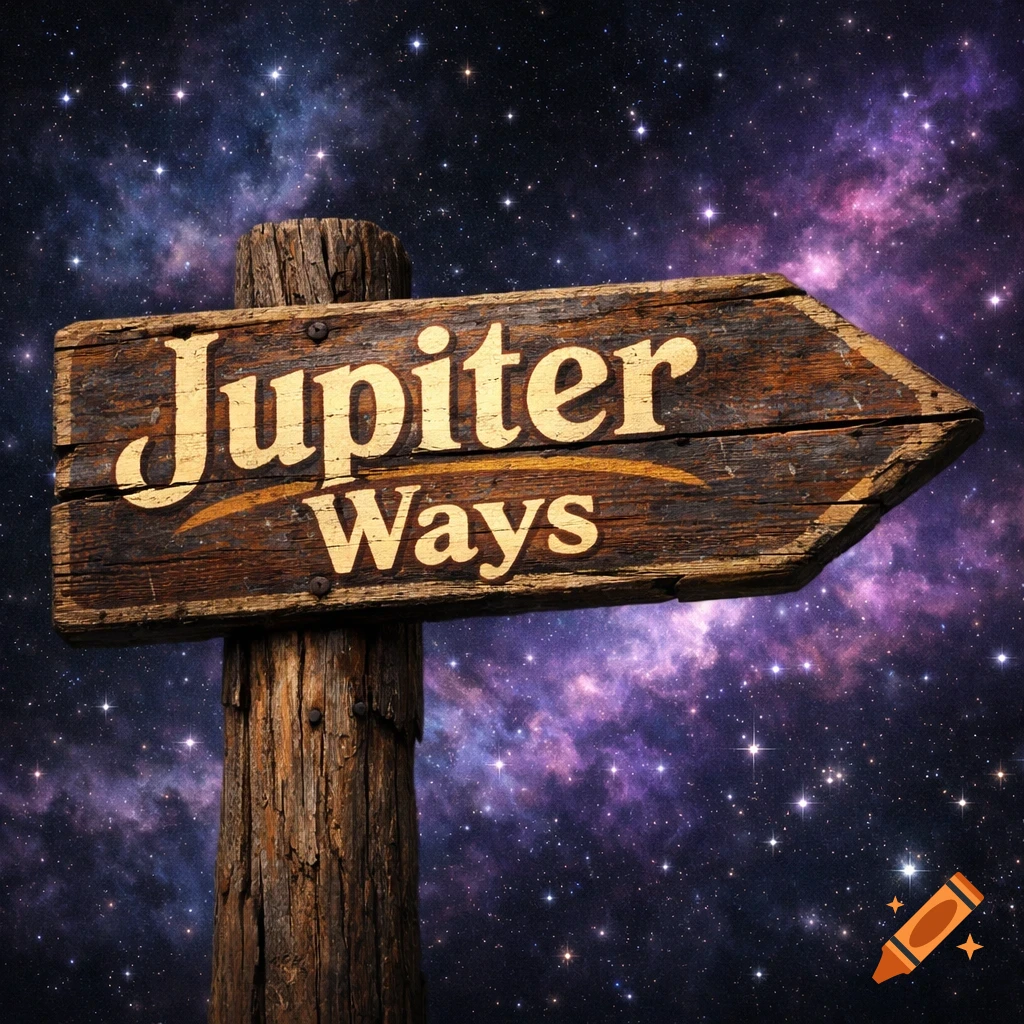 A wooden signpost pointing right, bearing the text 'Jupiter Ways' against a starry night sky with purple nebulae.