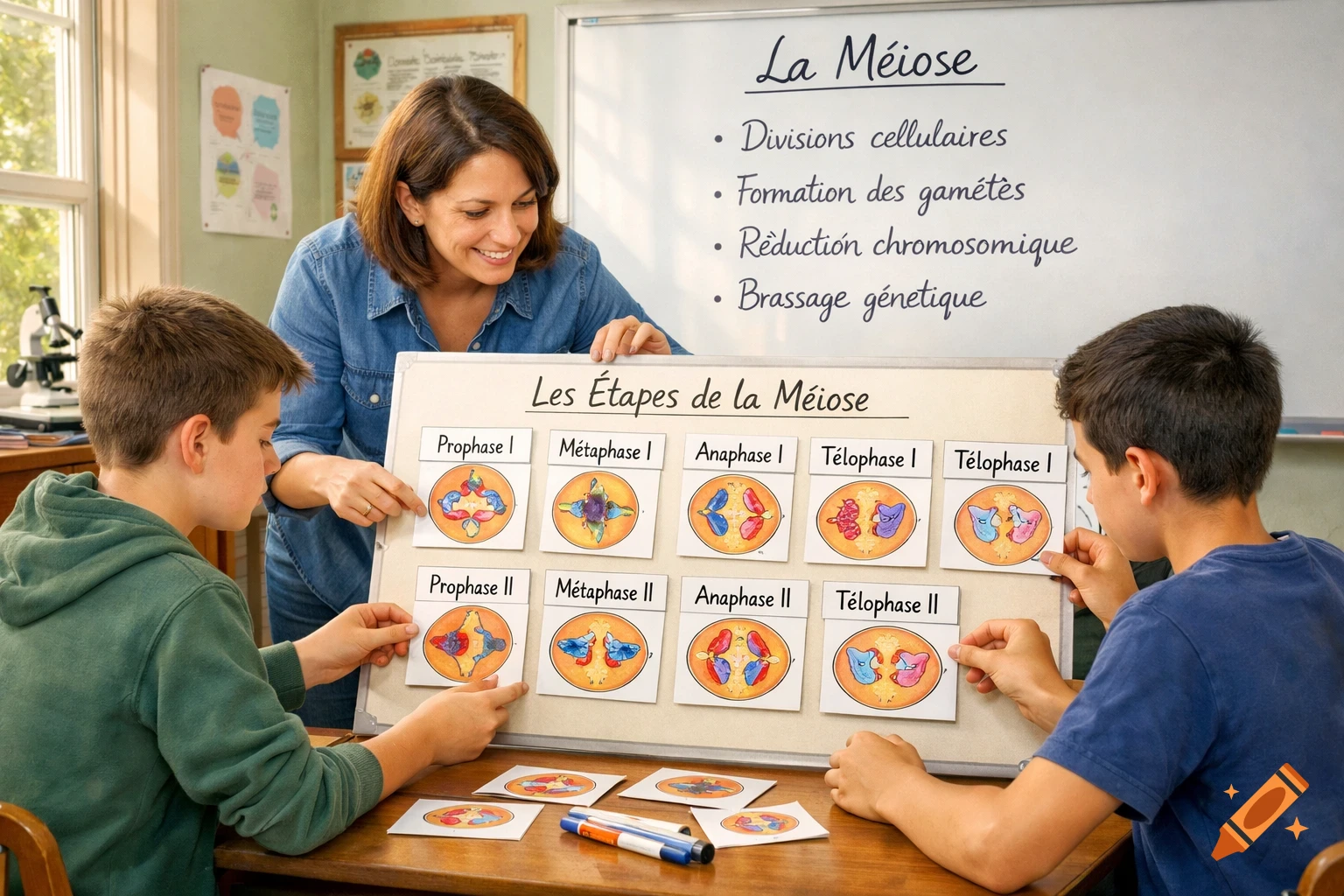 A smiling teacher helps two students arrange cards depicting stages of meiosis on a board, with biology notes on a whiteboard.