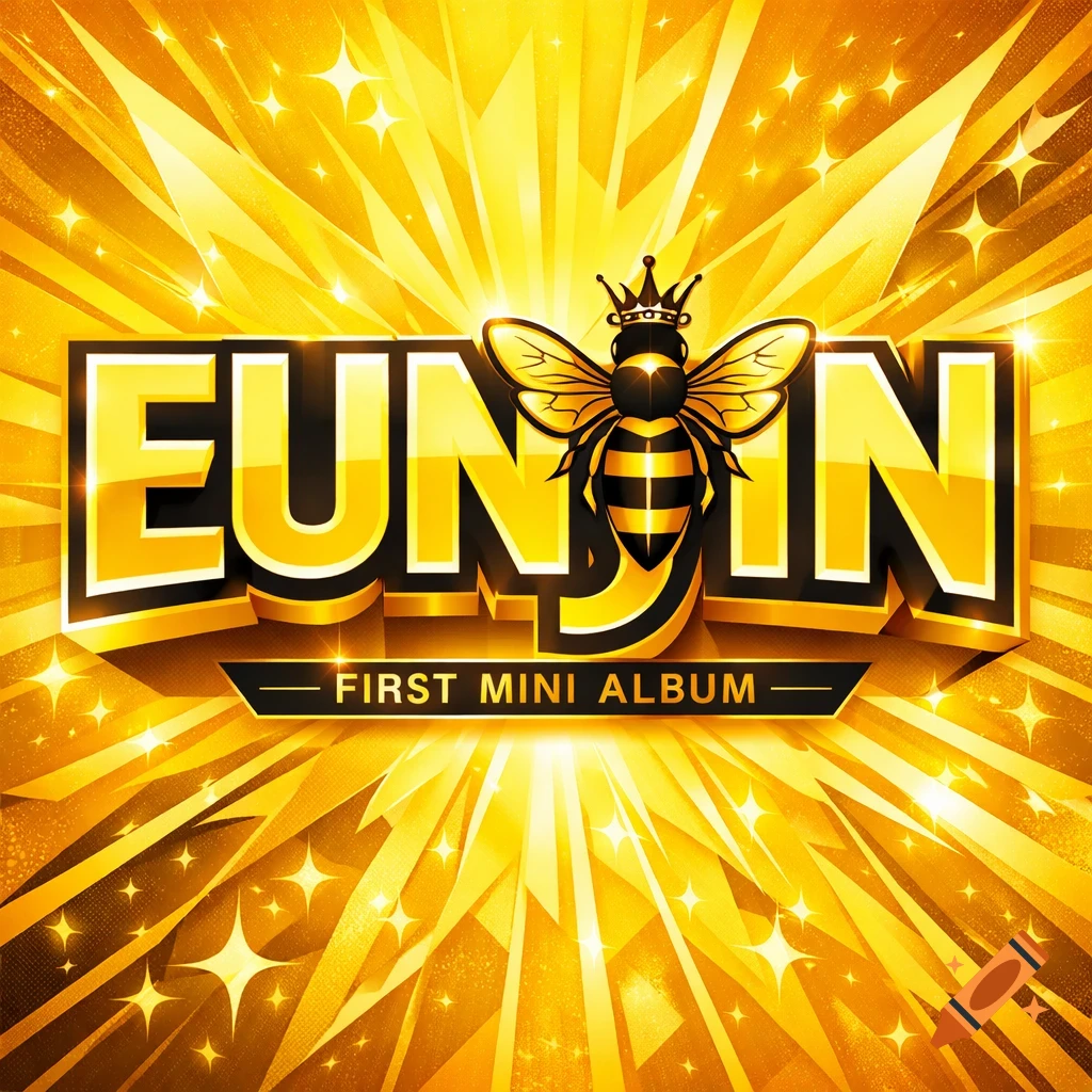 Gold and yellow K-pop album cover for 'Eunjin', featuring a stylized bee in place of the 'I', text 'FIRST MINI ALBUM', and sparkling rays.