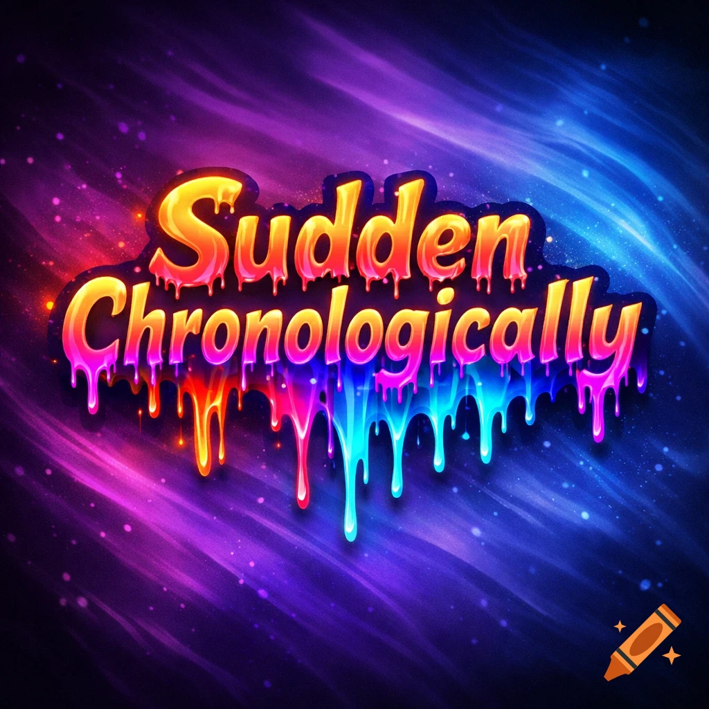 Colorful melting text reading "Sudden Chronologically" against a vibrant blue and purple starry, wispy background.