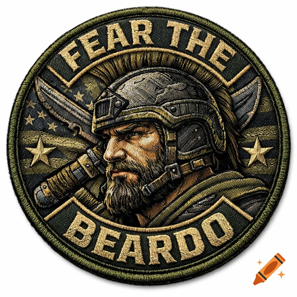 A circular military patch featuring a rugged warrior with a beard and helmet, with the text "FEAR THE BEARDO".