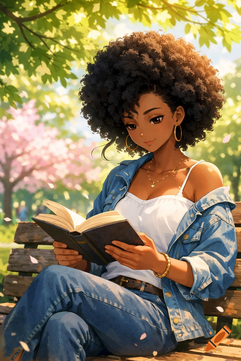 Anime-style portrait of a Black woman with an afro reading a book on a park bench under green trees.