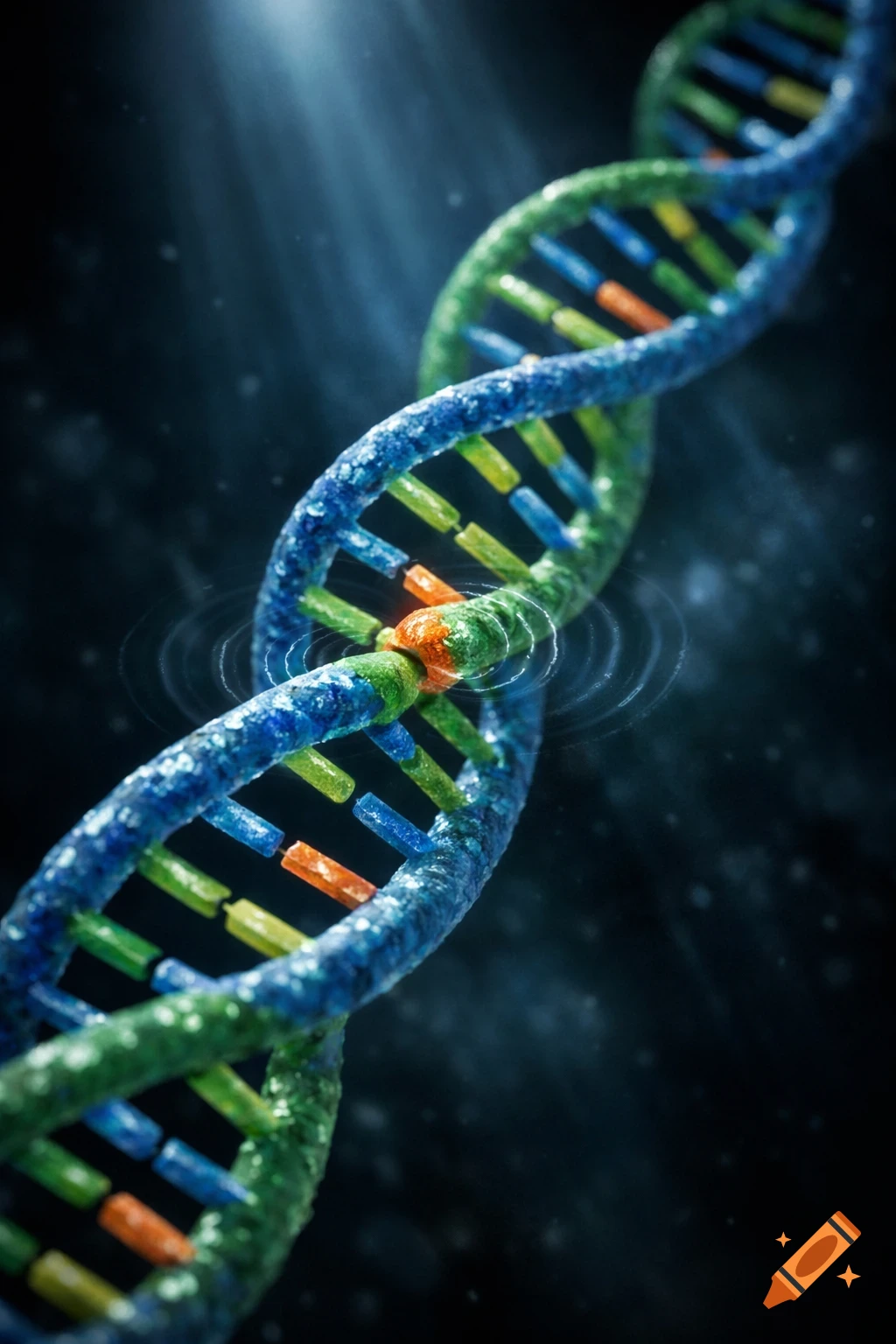 Detailed colorful DNA helix with a glowing orange point mutation on a dark background.