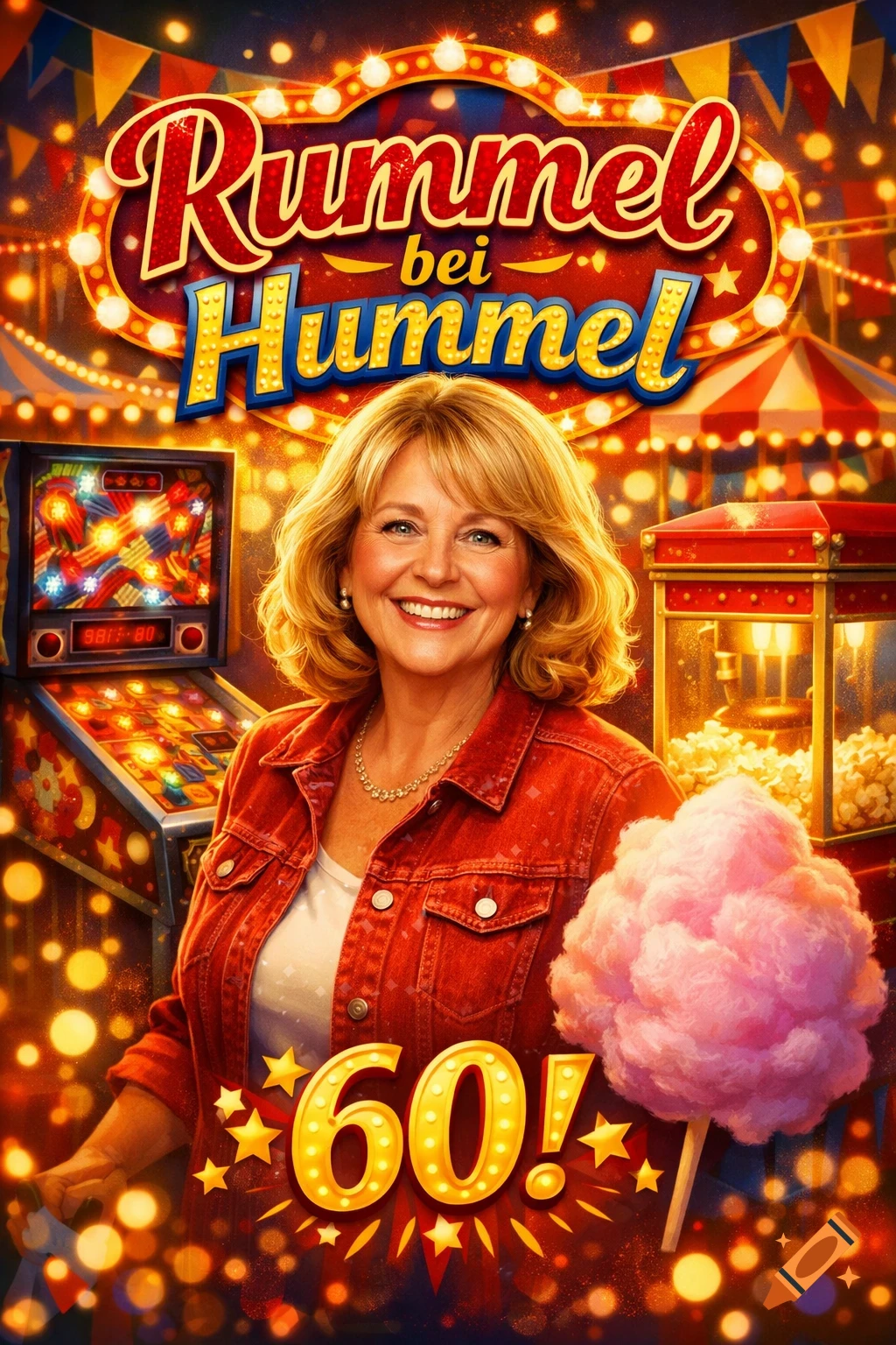 Smiling blonde woman in a red jacket at a vibrant carnival, with a pinball machine, popcorn, cotton candy, and 'Rummel bei Hummel' and '60!' text.