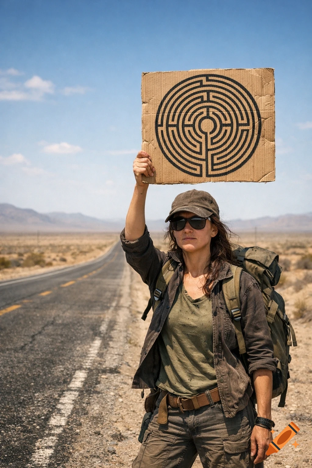 A woman in a cap and sunglasses holds a labyrinth sign by a desert road, hitchhiking. Photorealistic.