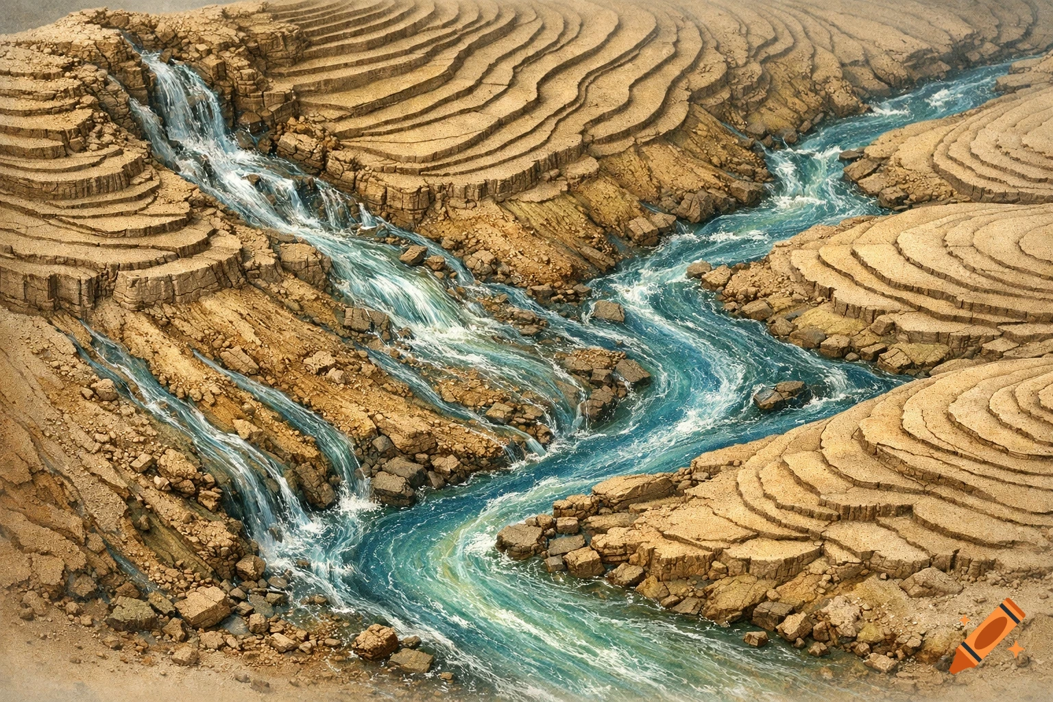 A detailed aerial view of multiple waterfalls and a winding river carving through terraced, sandy, and rocky canyon-like terrain.