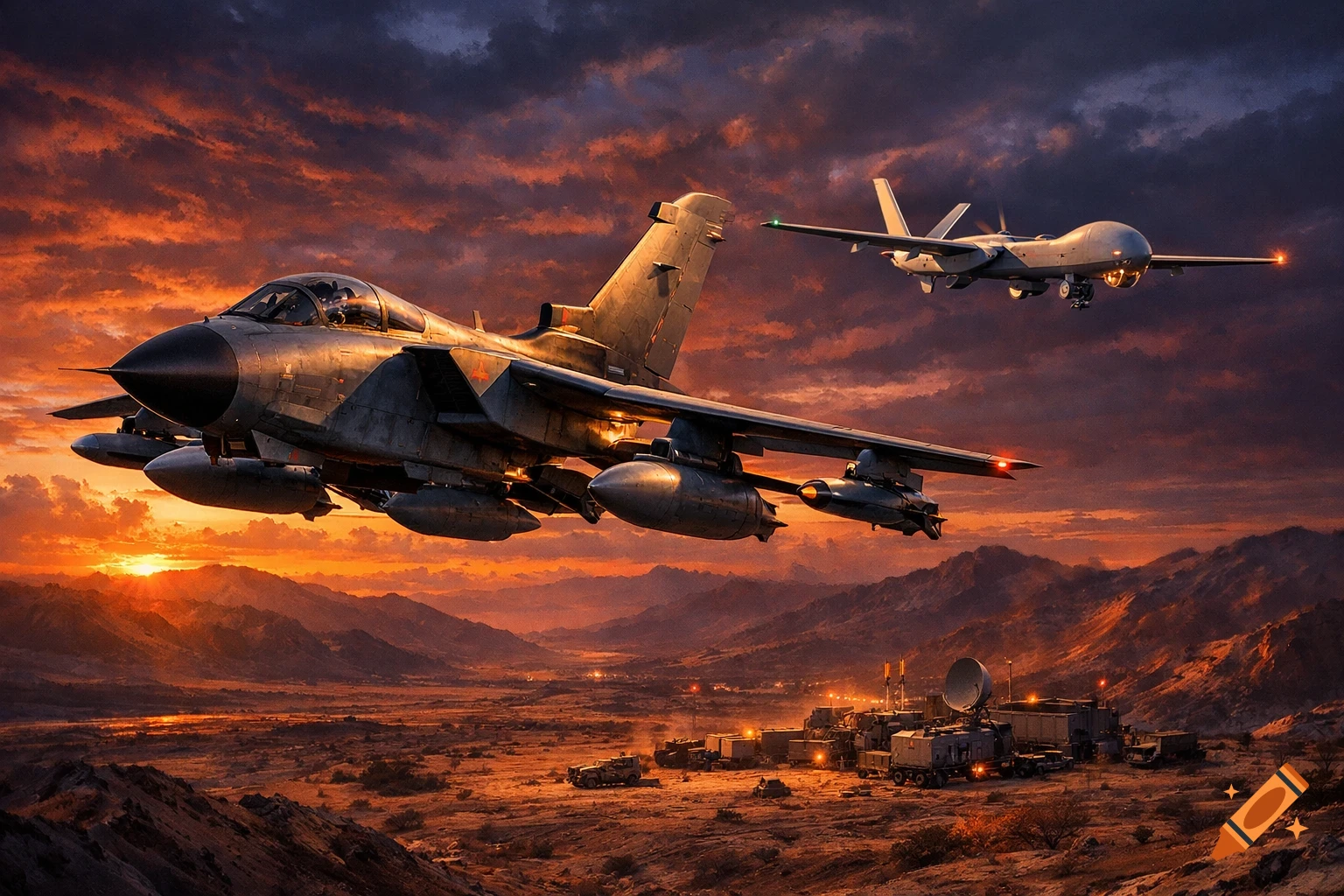 A military jet and a drone fly over a desert landscape with a military base at sunset.