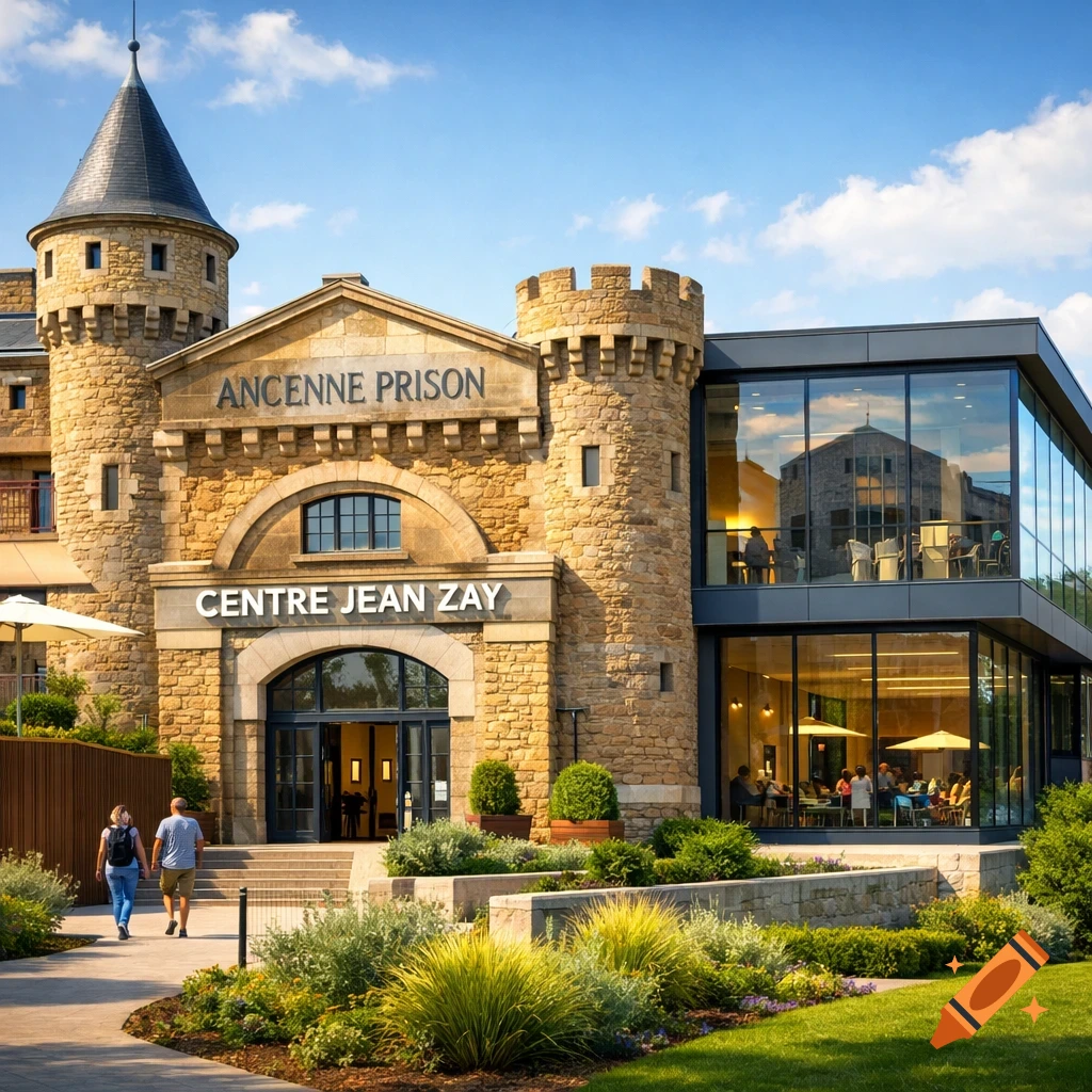 A renovated building featuring an old stone facade labeled "ANCIENNE PRISON" and "CENTRE JEAN ZAY" connected to a modern glass structure, with people walking outside and dining inside.