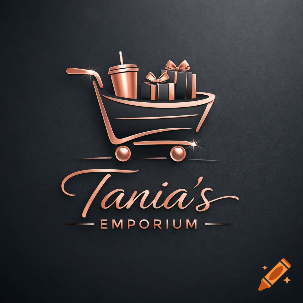 Rose gold shopping cart logo with gifts, a tumbler, and 'Tania's Emporium' text on a dark background.