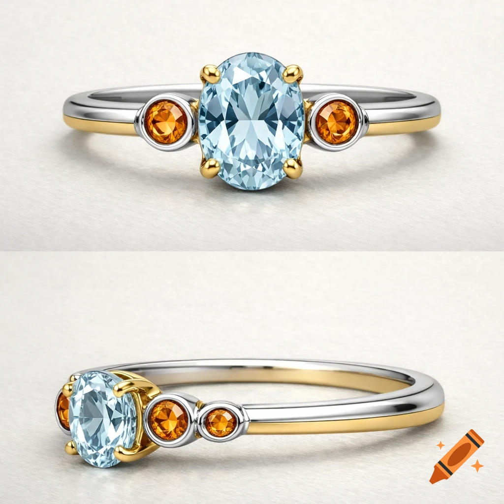 Photorealistic two-tone ring with an oval aquamarine, gold prongs, and amber side stones, shown from top-down and side views.