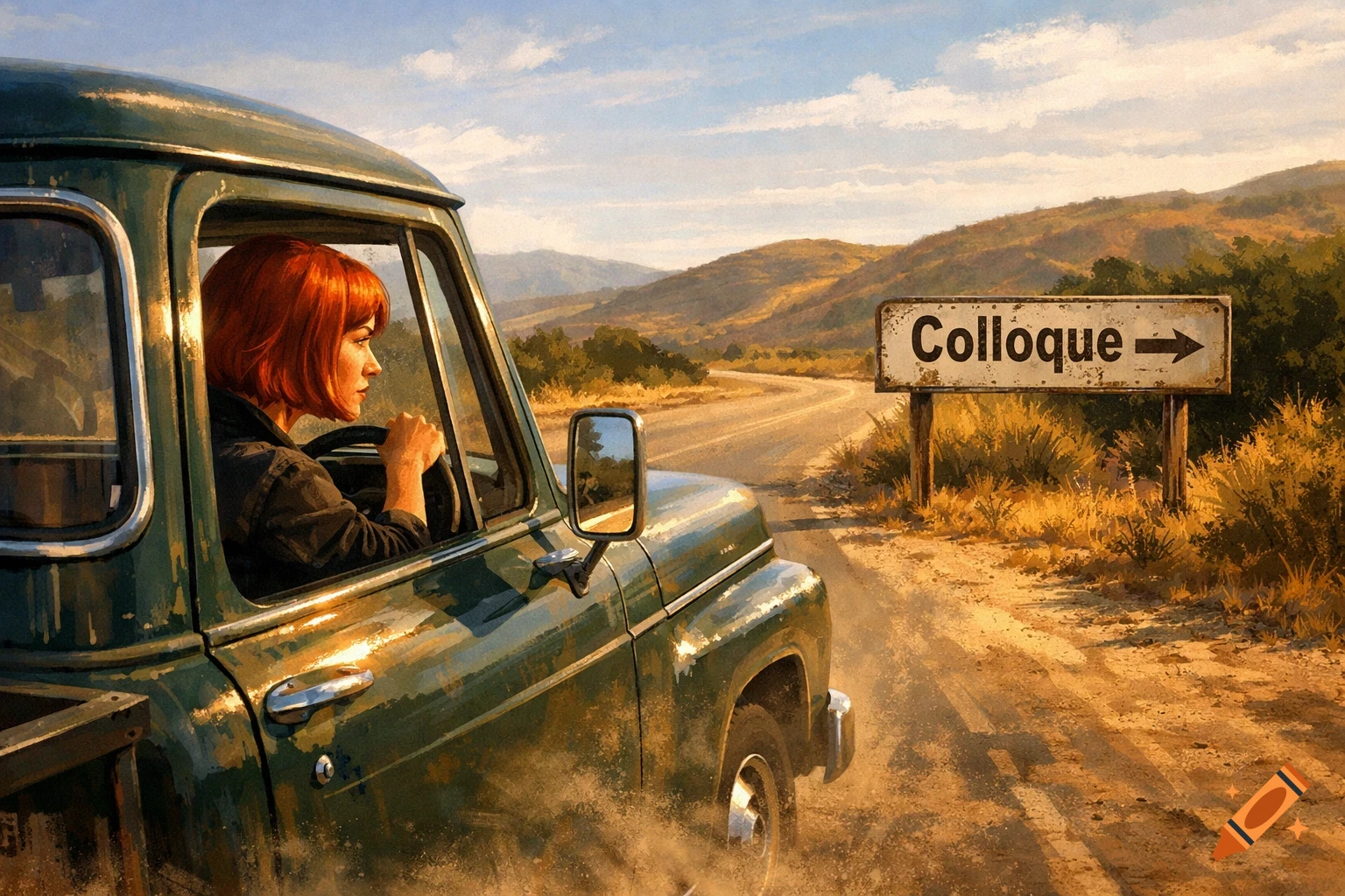 A red-haired woman drives a green pickup truck on a dusty road past a 'Colloque' sign, in a painterly style.