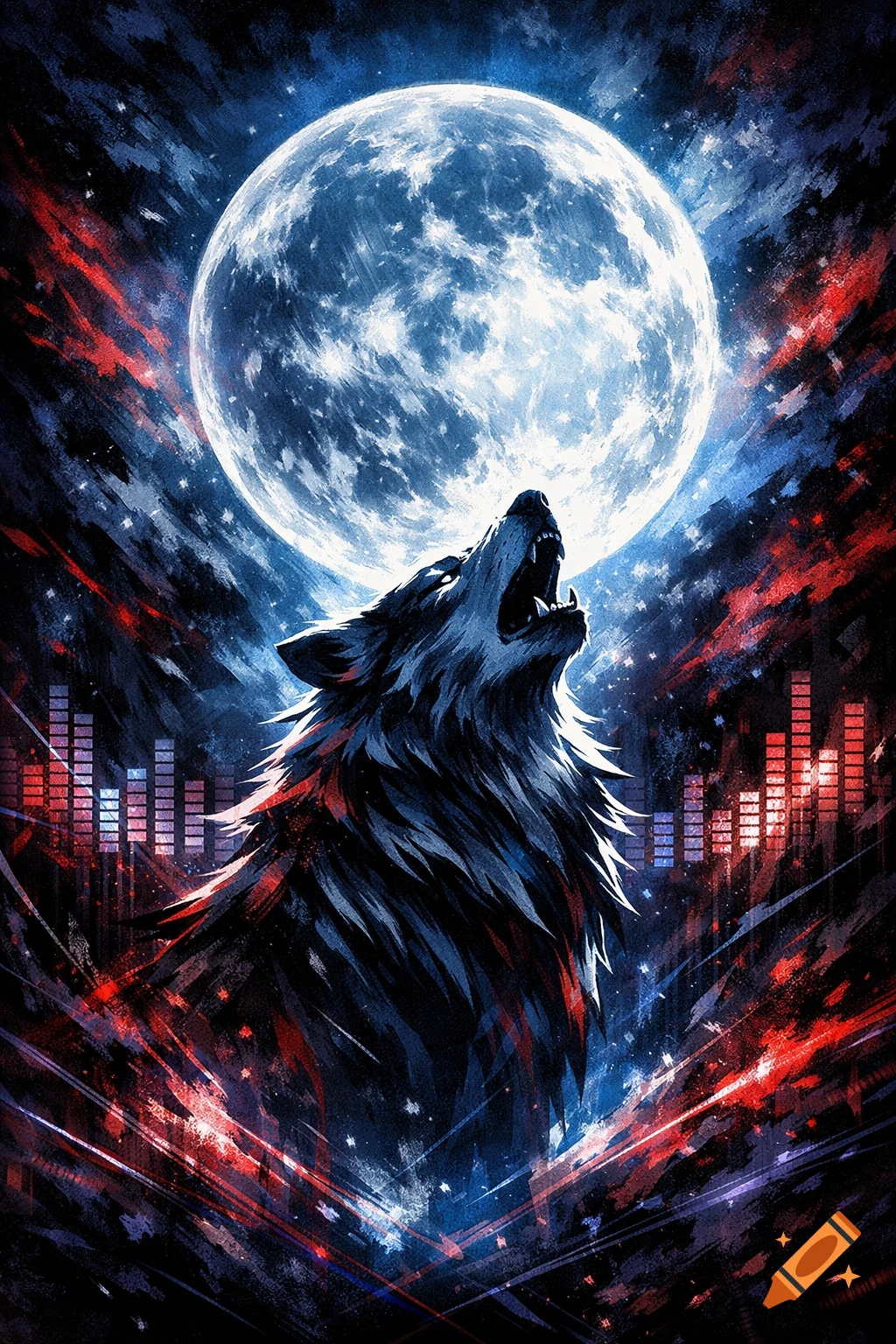Stylized graphic art of a wolf howling at a large full moon, surrounded by vibrant red and blue light streaks and equalizer bars.