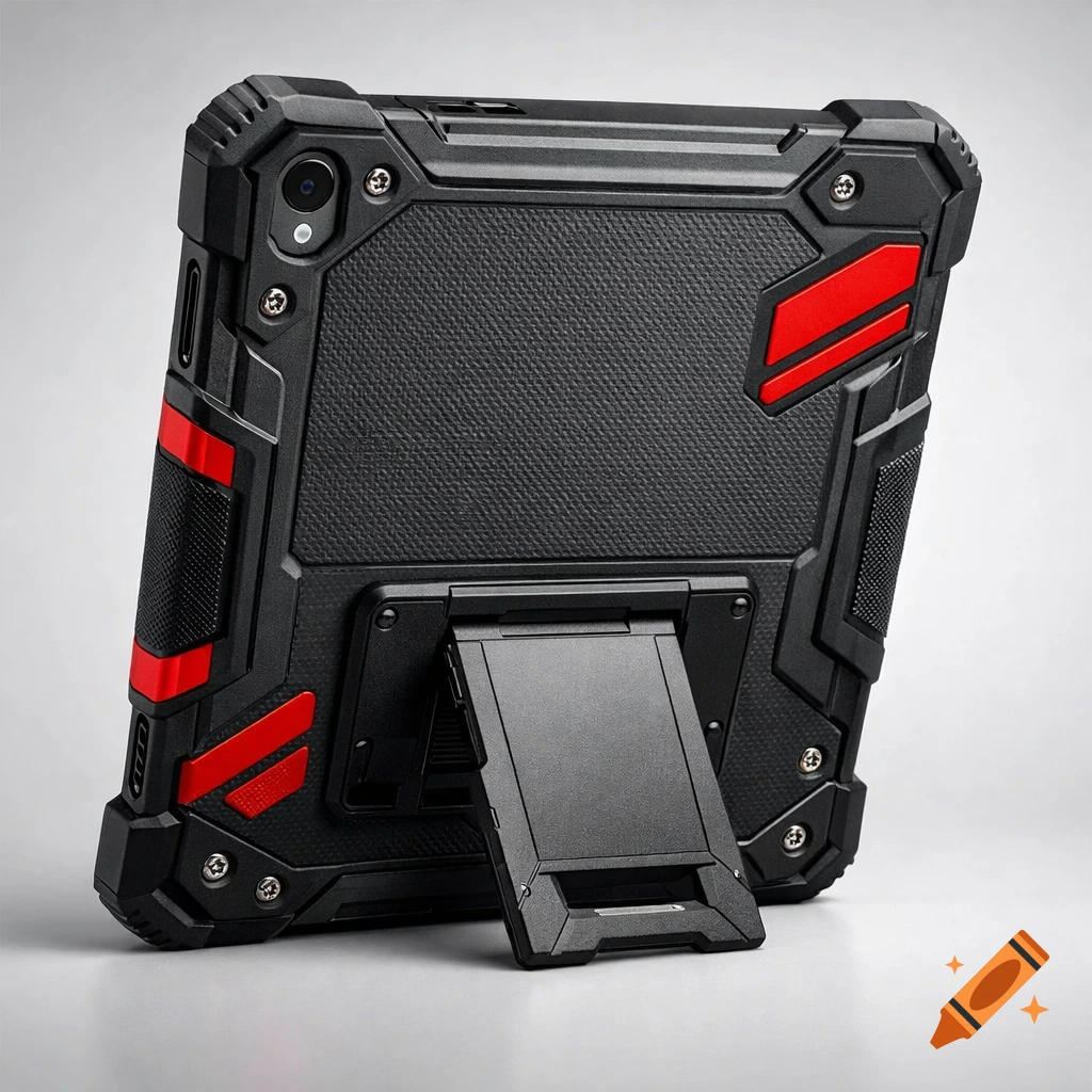 A rugged black and dark grey tablet case with bright red accents, reinforced corners, a textured back, and an integrated kickstand, shown in a 3/4 rear view.