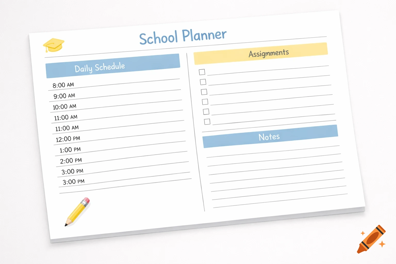 A white school planner page template with sections for Daily Schedule, Assignments, and Notes, featuring a yellow graduation cap and a pencil.