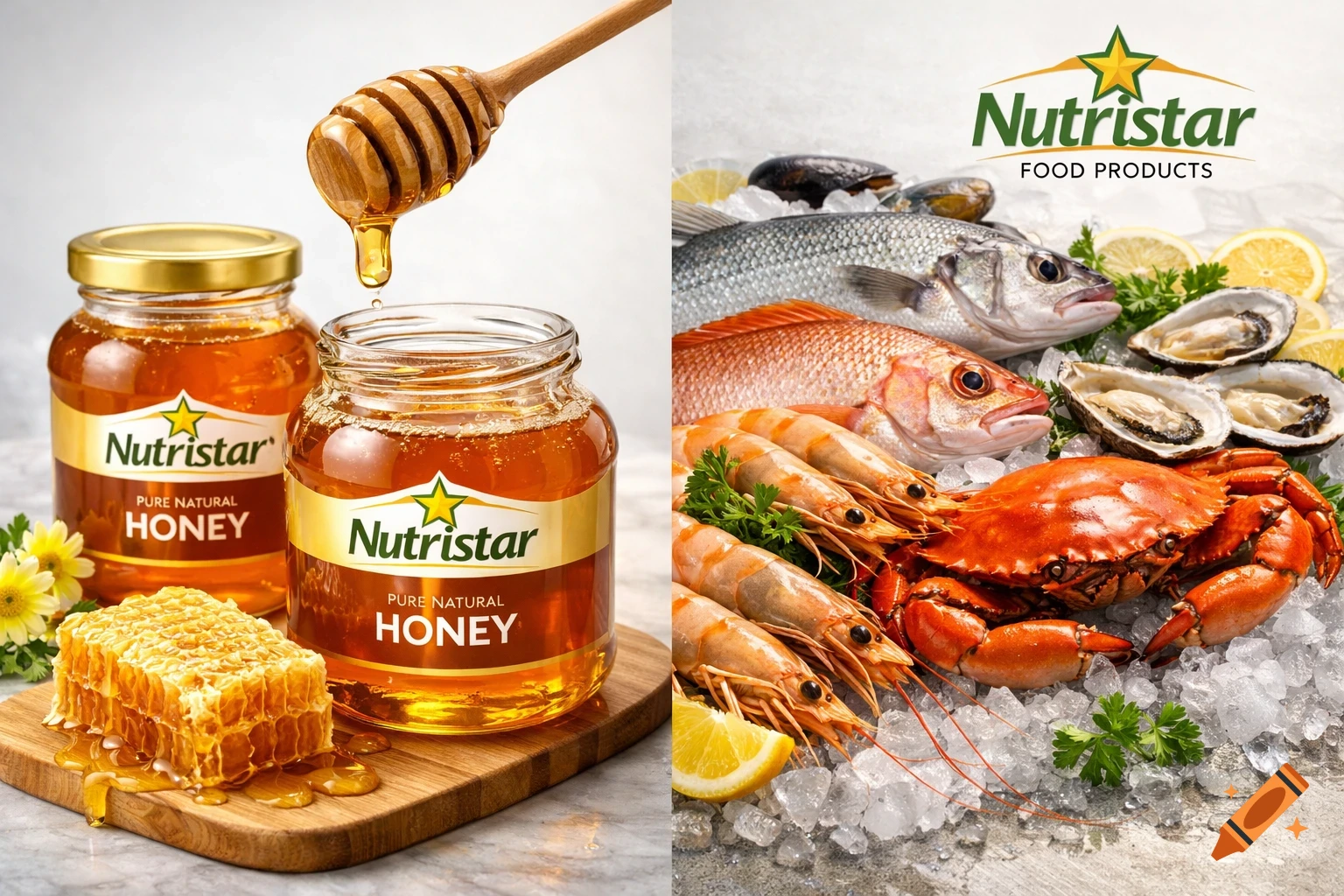 A split image featuring Nutristar honey jars with a dipper and honeycomb on the left, and fresh seafood on ice with lemons on the right.