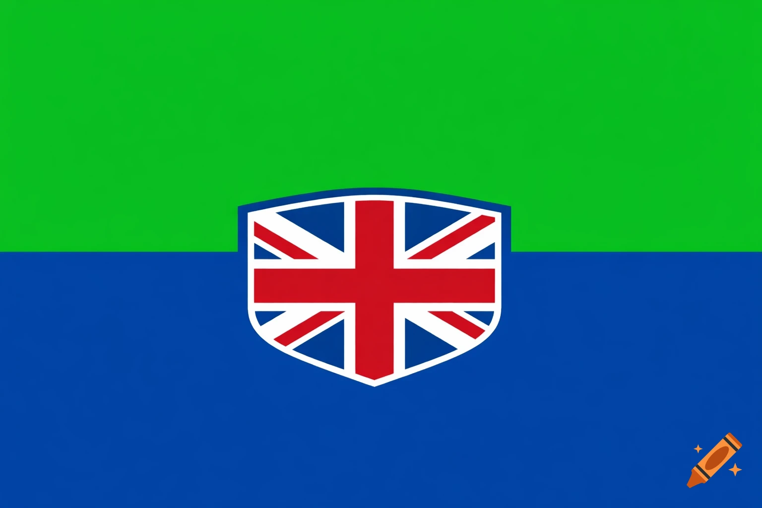 A white shield featuring the red and white Union Jack flag against a background split horizontally with green on top and blue on bottom.