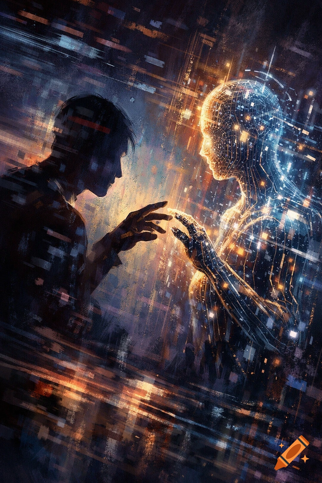 A human silhouette and a glowing digital figure touch fingers, surrounded by abstract data streams in blue and orange, digital art.