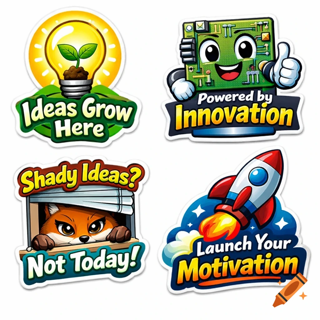Four cartoon stickers: a lightbulb with a plant for 'Ideas Grow Here', a circuit board character for 'Powered by Innovation', a fox behind blinds for 'Shady Ideas? Not Today!', and a rocket for 'Launch Your Motivation'.