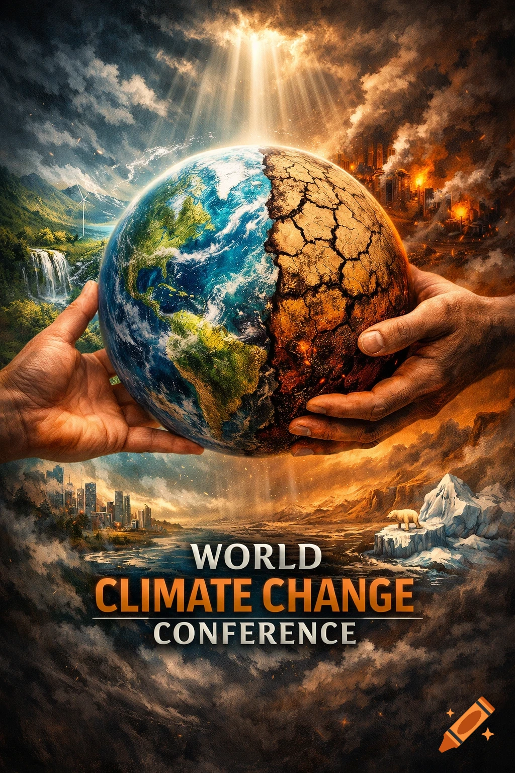 Illustrative poster showing two hands holding a split Earth, one half lush and green, the other dry and burning. Text: WORLD CLIMATE CHANGE CONFERENCE.