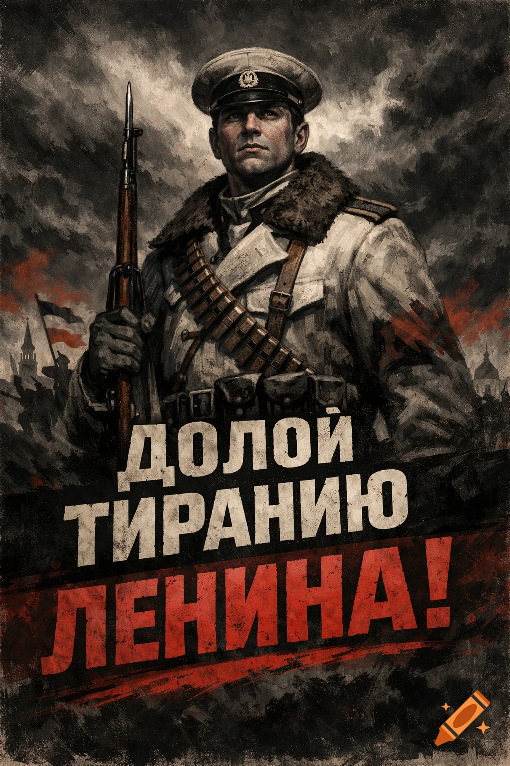 Illustrated propaganda poster of a stern White Army soldier holding a rifle, with the slogan 'Down with the tyranny of Lenin!'