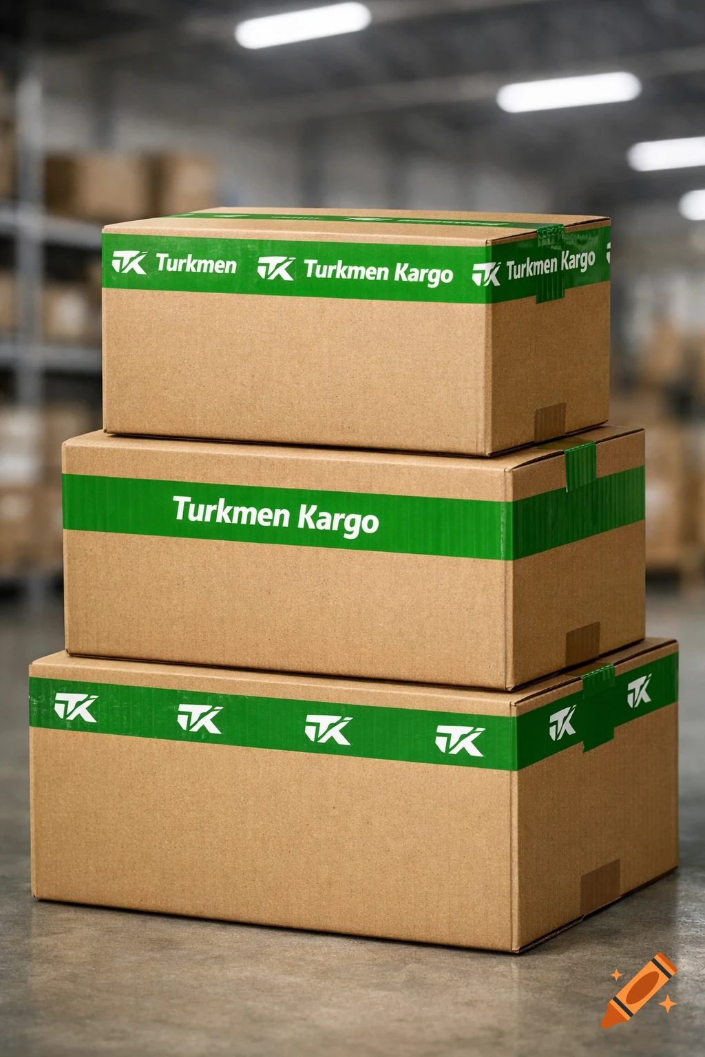 Three brown cardboard boxes stacked in a warehouse. Each box is sealed with green packing tape branded with "Turkmen Kargo" and a "TK" logo.