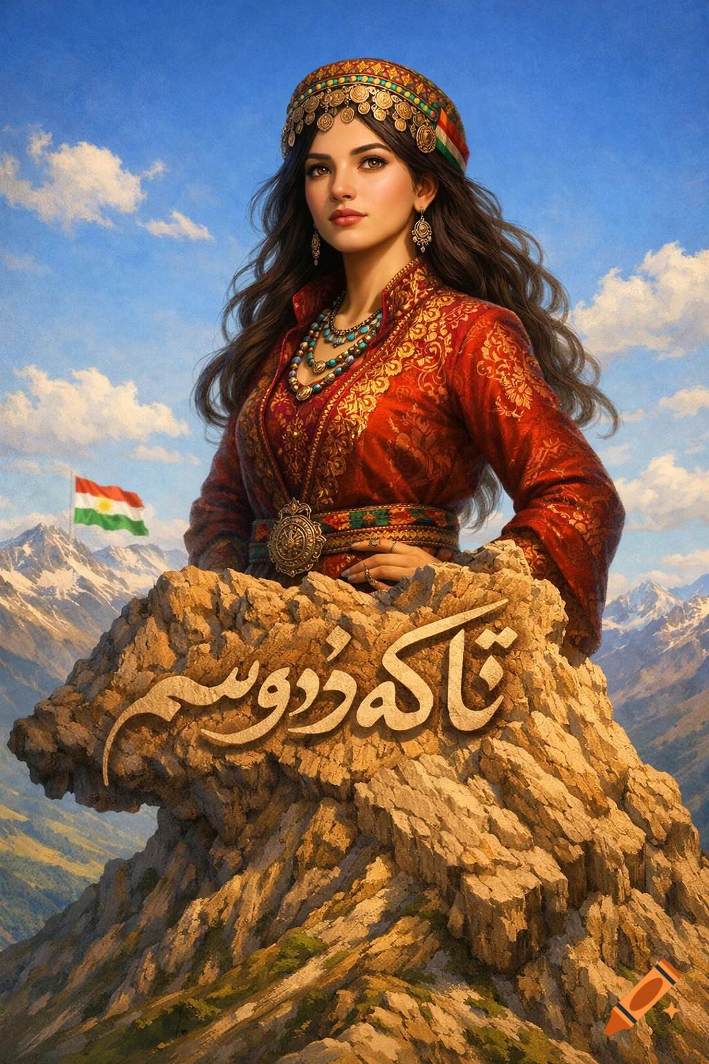 A beautiful woman in an ornate traditional Kurdish dress stands on a mountain with text, against a backdrop of snowy peaks and a flag.