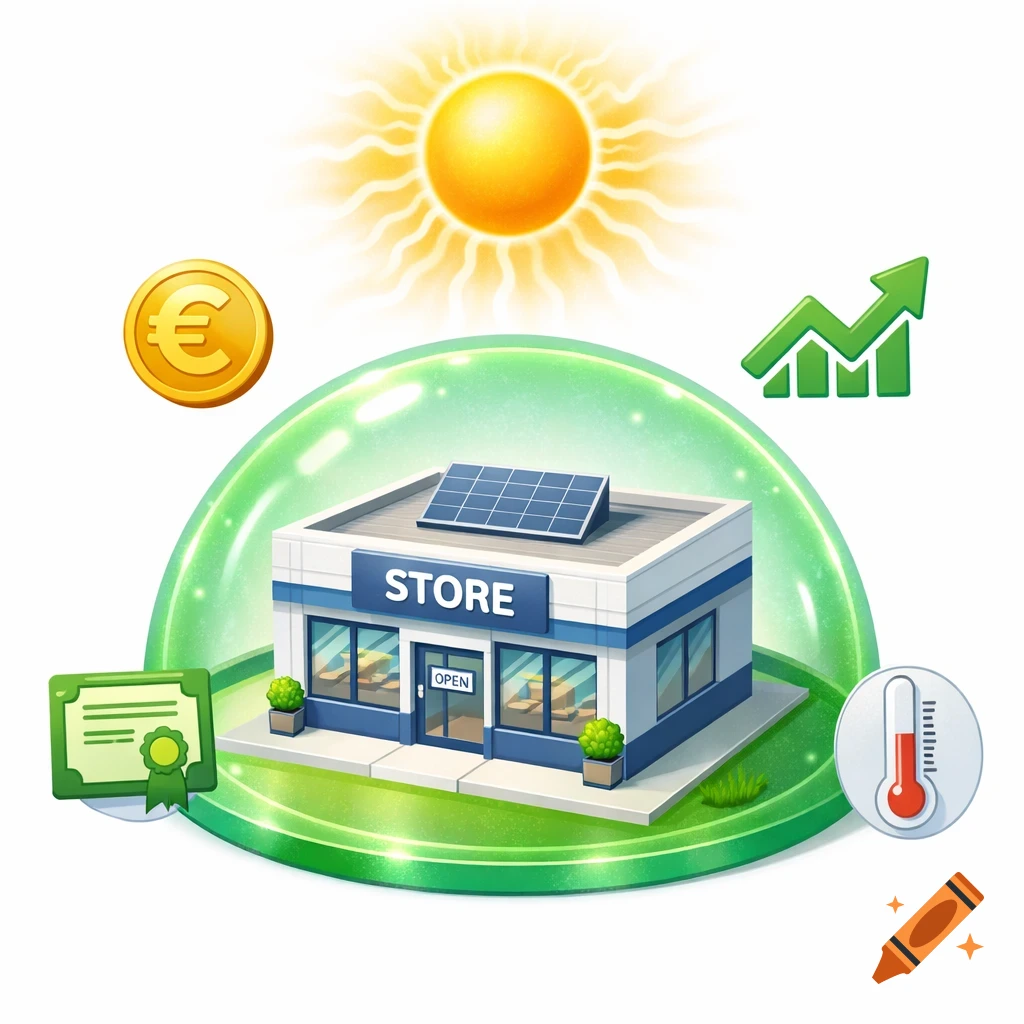 Isometric illustration of a solar-powered store in a green dome, with icons for sun, money, growth, certificate, and temperature.