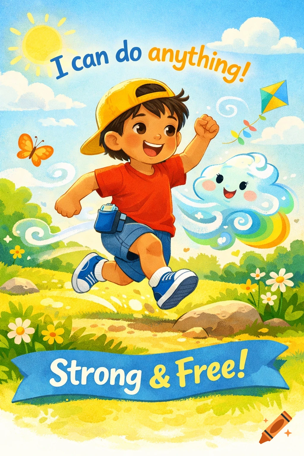 A vibrant cartoon illustration of a happy child running with a pumped fist in a sunny field under text "I can do anything!" and "Strong & Free!"