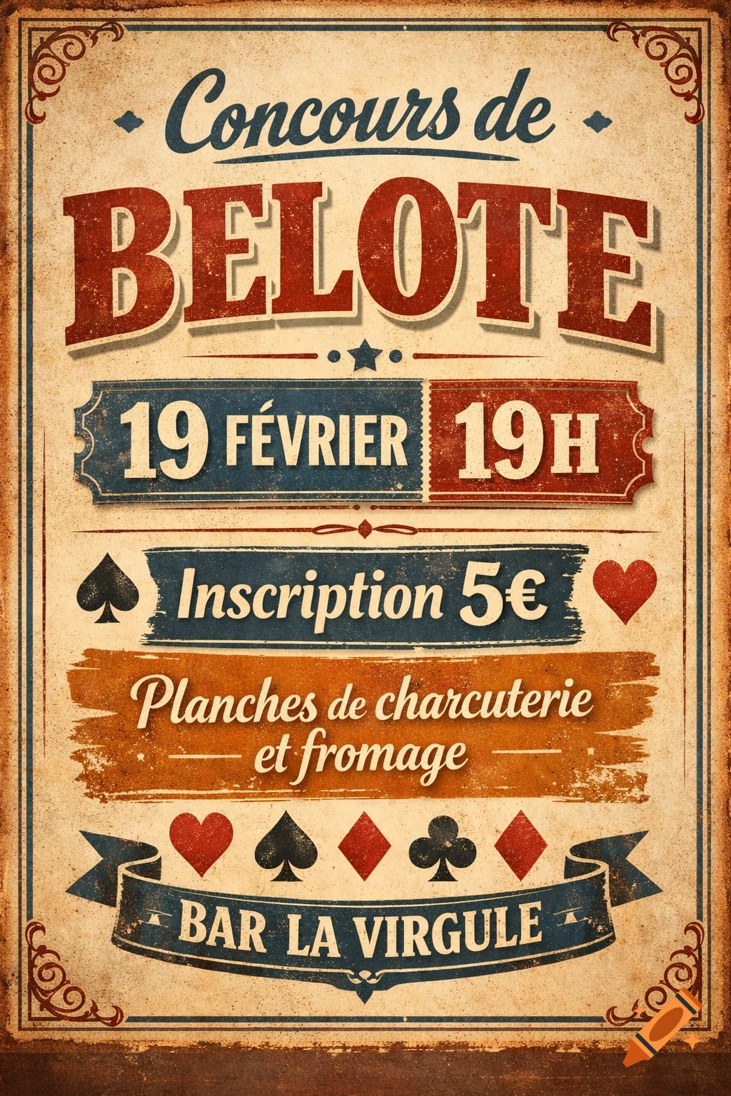 Vintage French poster for a Belote card game at Bar La Virgule, showing event details, date, and price.