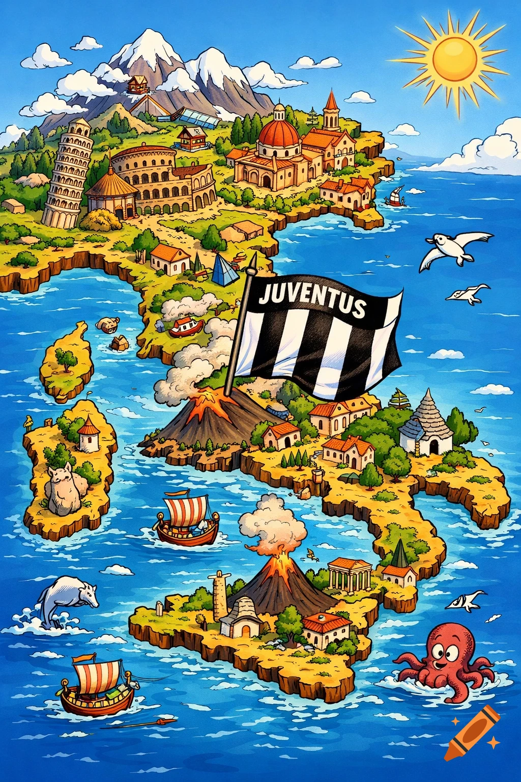 Cartoon map of Italy with landmarks, volcanoes, boats, and a Juventus flag amidst the sea.