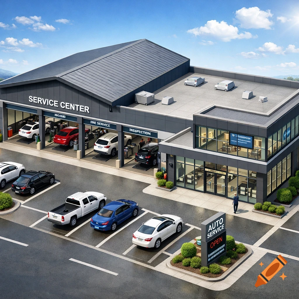 Aerial isometric view of a modern auto service center with a large parking lot, multiple cars, and service bays visible.