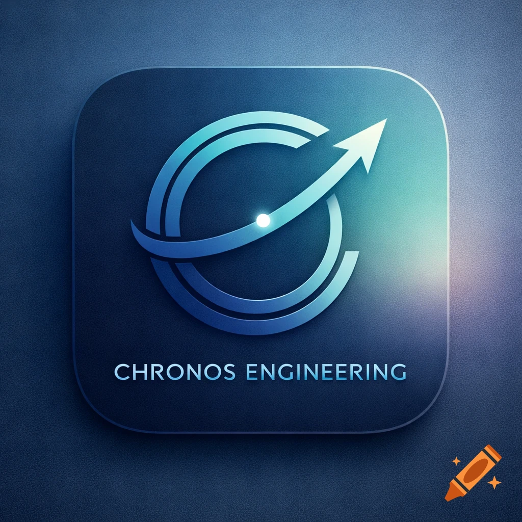 Dark blue app icon with a light blue abstract 'C' logo featuring an upward arrow and the text 'CHRONOS ENGINEERING'.