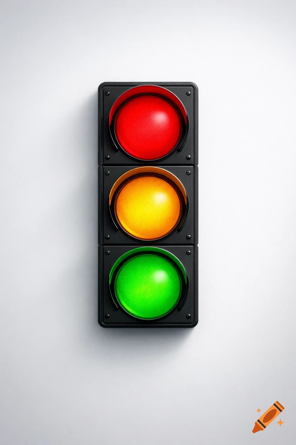 A vertical traffic light with bright red, yellow, and green illuminated lights against a white background.
