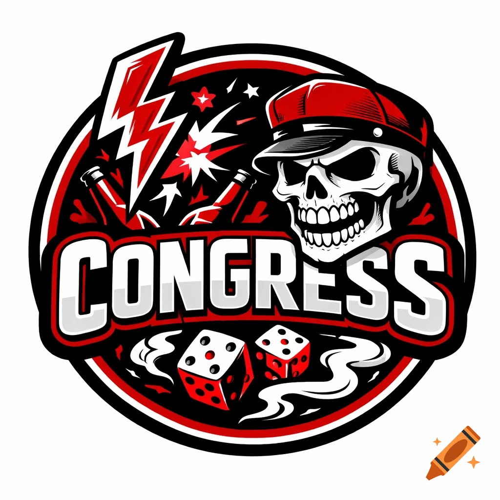 A stylized round logo featuring a white skull in a red cap, with red lightning bolts, bottles, and dice, on a black background. The word "CONGRESS" is prominently displayed in white and red.