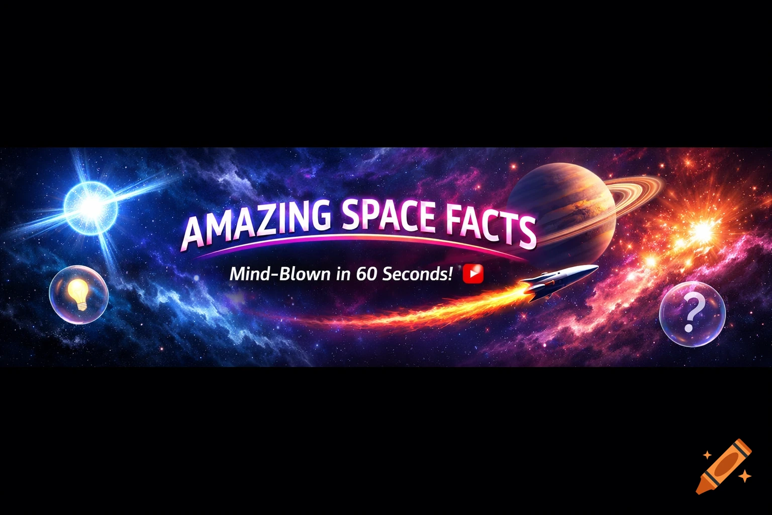 Vibrant YouTube banner for "Amazing Space Facts" featuring a cosmic scene with nebulas, a bright star, a ringed planet, a rocket, and text: "AMAZING SPACE FACTS" and "Mind-Blown in 60 Seconds!". Options for a lightbulb icon and a question mark icon are in bubbles.