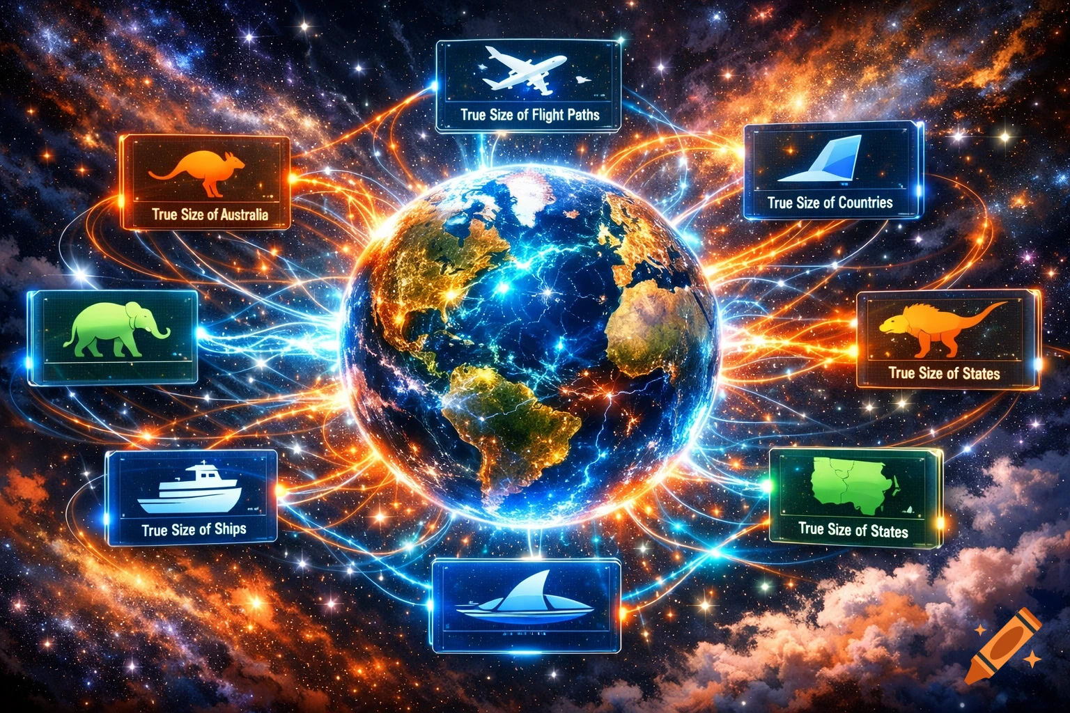 A vibrant cosmic scene features a glowing Earth surrounded by interconnected neon light trails and floating panels. Each panel displays an icon and text like "True Size of Australia" or "True Size of Flight Paths", set against a starry galaxy background.