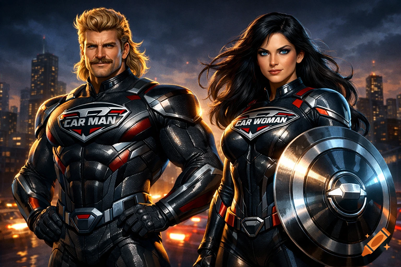 A blonde male superhero named Car Man and a dark-haired female superhero named Car Woman with a shield stand in a futuristic city.