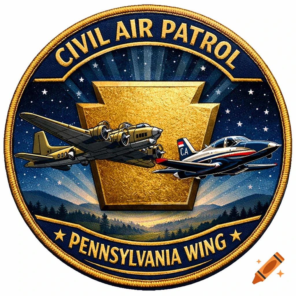 A round patch for the Civil Air Patrol Pennsylvania Wing, featuring a vintage B-17 bomber and a modern plane flying in front of a golden keystone against a starry night sky.