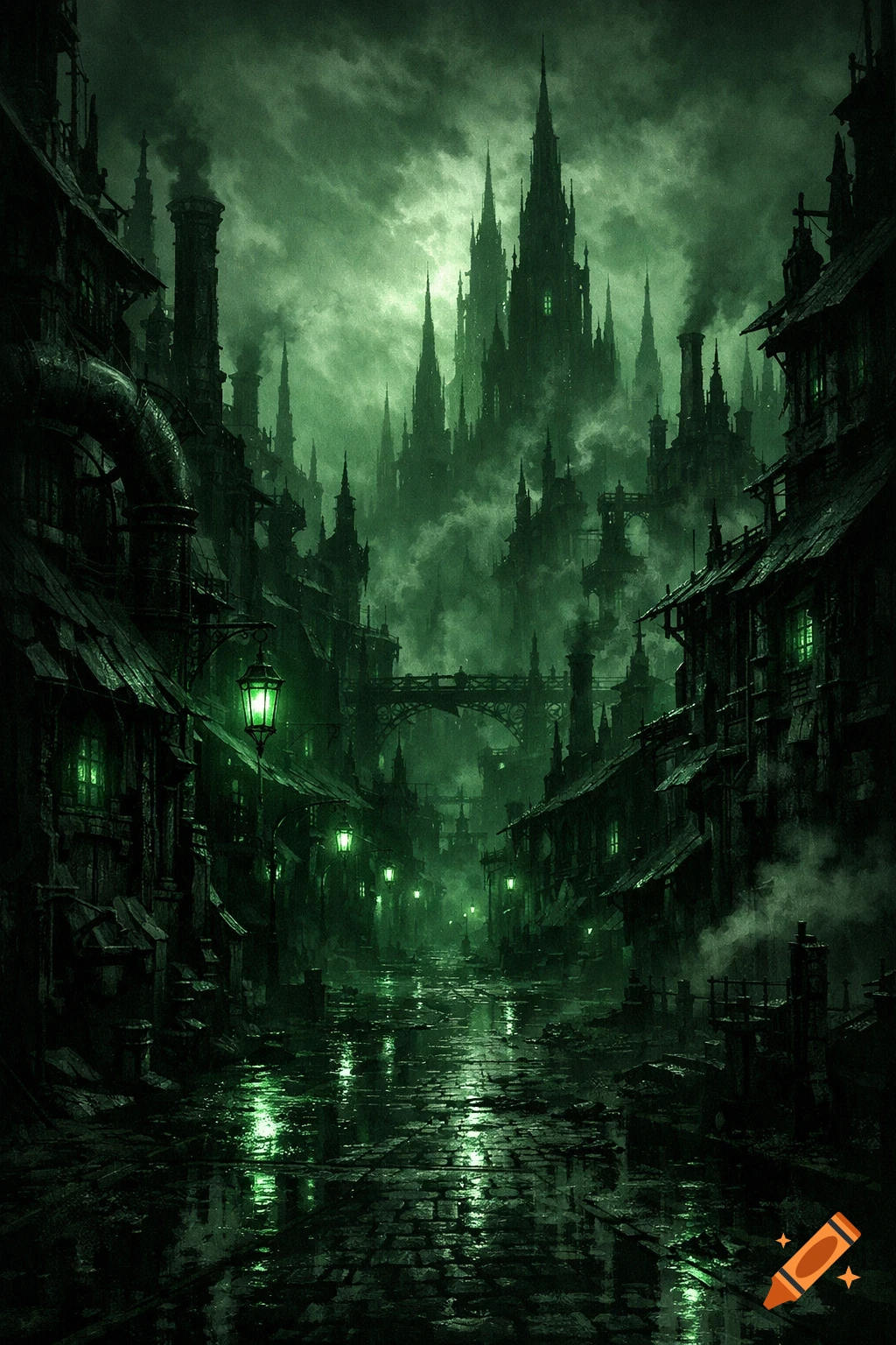 A dark, misty gothic steampunk city street with green glowing lanterns, wet cobblestones, and a towering castle in the background.