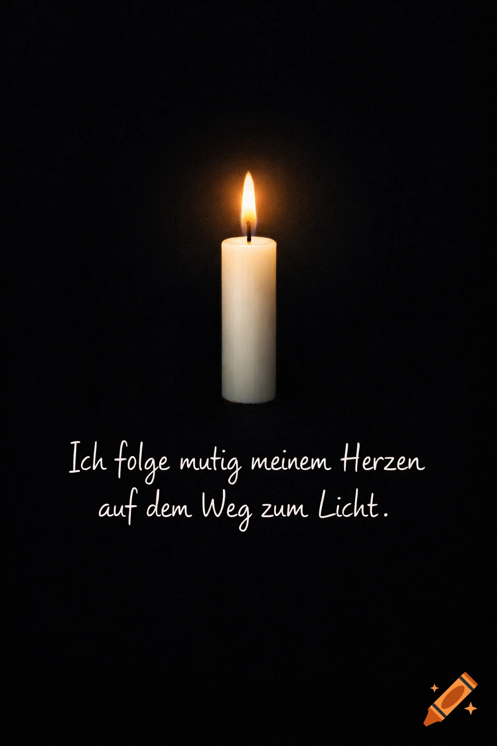 A white candle with a glowing flame on a black background, with the German quote 'Ich folge mutig meinem Herzen auf dem Weg zum Licht.' written below.