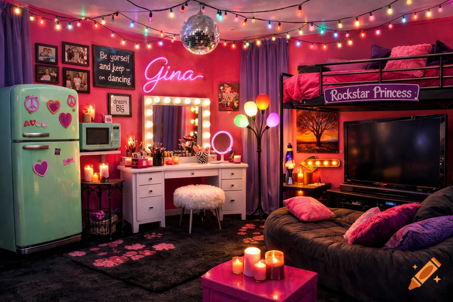 A vibrant teenage girl's bedroom with neon pink walls, string lights, a disco ball, a mint green refrigerator, and a bunk bed with a "Rockstar Princess" sign.