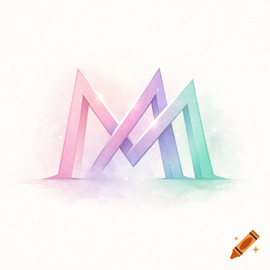 Two stylized, interconnected M letters in pastel pink, purple, and green with a watercolor effect and subtle sparkles.