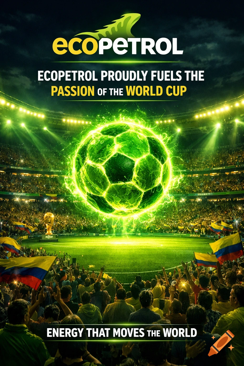 Photorealistic ad for Ecopetrol in a vibrant football stadium with a glowing green energy soccer ball and cheering fans.