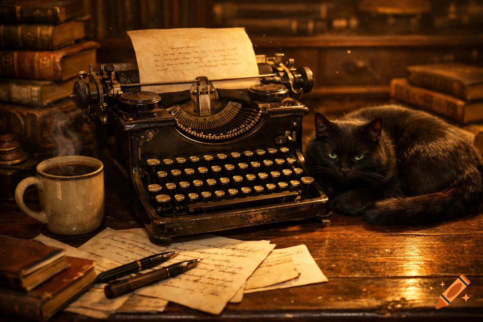 A cozy vintage desk scene with an old typewriter, steaming coffee, scattered papers and pens, and a black cat curled up beside it.